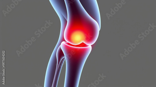 A medical illustration of a knee joint with highlighted pain area
