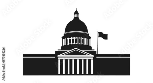 Government building with dome and flag.