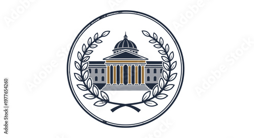 Iconic building with laurel wreath emblem.