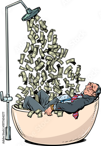 Pop Art Retro A wealthy businessman in a bathtub. Money pouring down from above. Success for his business and company.
