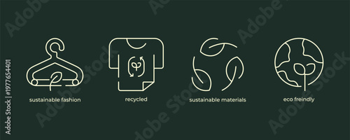 Sustainable Fashion Line Icon Set with Recycled Clothing, Eco Friendly Materials and Recycling Symbol Vector Illustration