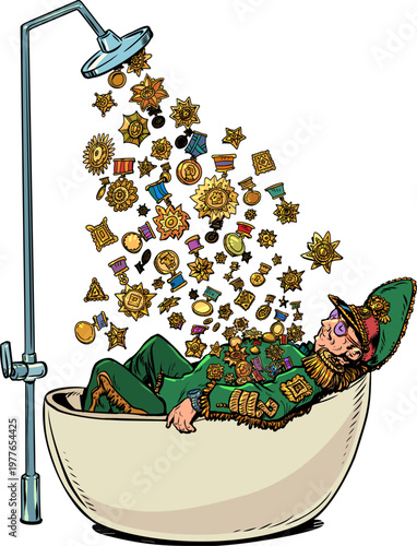 Pop Art Retro General in the bath. Military orders and merits. Army commanders.