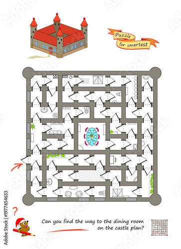 Best labyrinths. Can you find the way to the dining room on the castle plan? Logic puzzle game. Brain teaser book. Educational page. Kids activity sheet. IQ test. Hand drawn vector illustration.