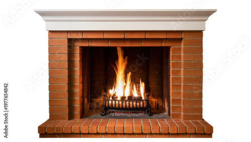 фотографія Orange brick fireplace with white mantle and burning logs, isolated on transpare