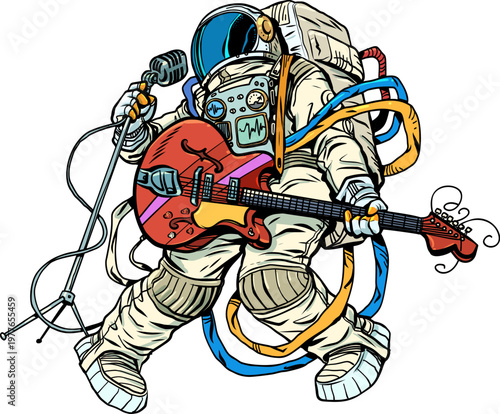 Pop Art Retro An astronaut sings with a guitar. Music service for businesses. A global music hit.