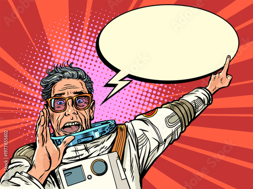 Pop Art Retro An astronaut points. A message about incredible discounts. An announcement for customers.