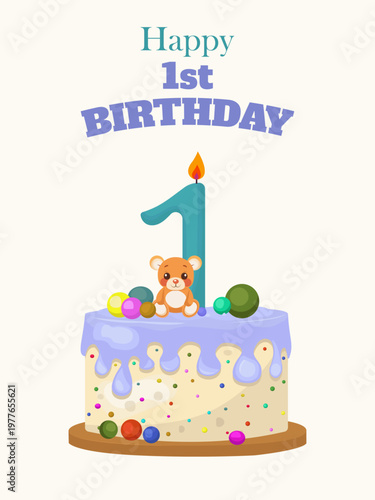 First Birthday Greeting Card Vector with Teddy Bear and Cake. teddy bear sitting on a festive cake with a 