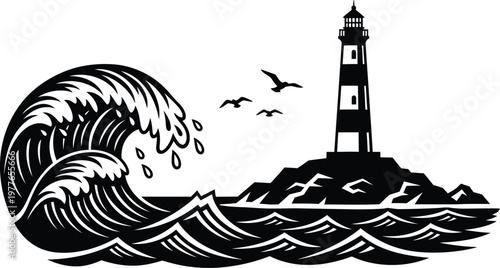 Dramatic lighthouse silhouette against crashing waves and flying birds