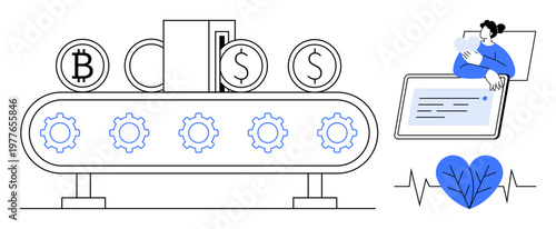Cryptocurrency concept. Cryptocurrency symbols integrated with technology, finance, and health . Cryptocurrency exchange, health monitoring, and digital finance trends. Ideal for fintech, wellness