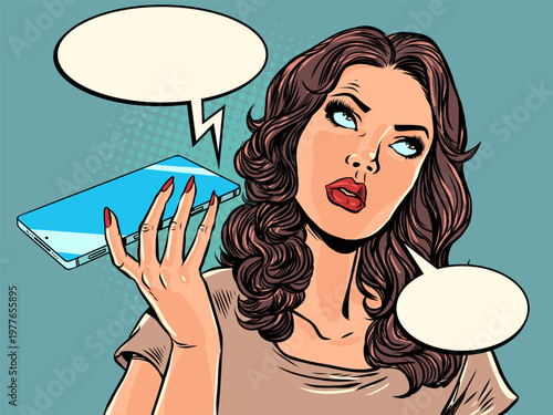 Pop Art Retro A disgruntled woman talking on the phone. Scam calls. Protecting personal data on your mobile phone.