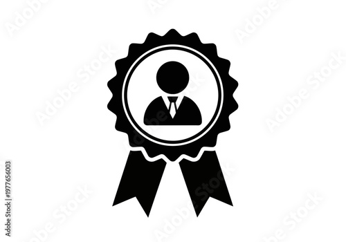 A simple but stylish black silhouette icon of a rosette award ribbon with a business person silhouette in the center