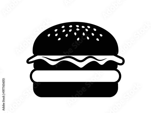 A very yummy looking black silhouette of a juicy hamburger on a with white sesame seeds