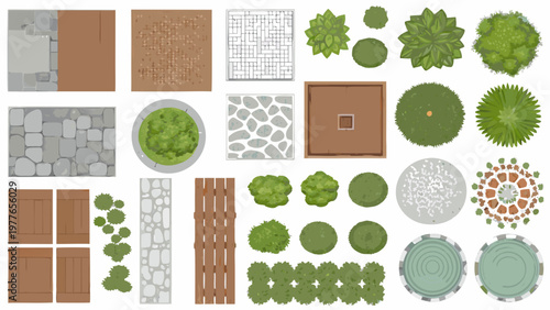 An overhead view showcasing diverse garden and landscape elements