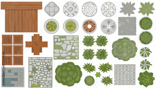 Top down view of various garden and architectural elements isolated on white