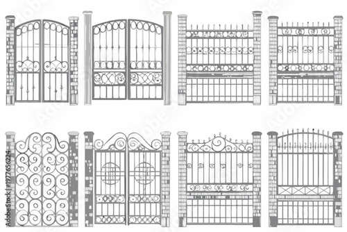 Detailed illustrations of ornate wrought iron gates in varying styles