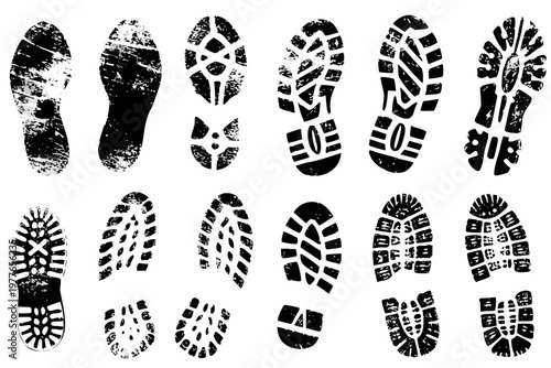 Collection of diverse black footprints and shoe sole impressions