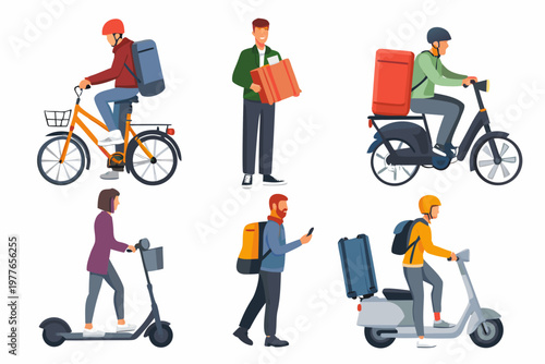Diverse delivery workers using various transportation methods in a colorful illustration