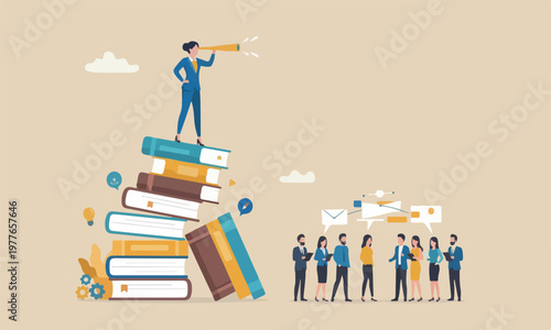 Book or educatio pillars help career advancement, knowledge or wisdom for business visionary, leadership or opportunity concept, confidence businesswoman leader on high books stack look through