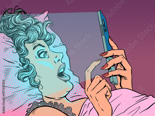 Pop Art Retro A woman in bed staring at her phone. Technology and internet addiction. Special offers and promotions for clients.