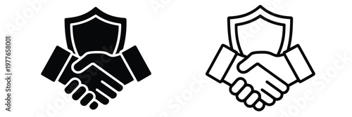 Handshake, with shield icon set featuring line and solid styles, representing trust, security, partnership, and protection concept, modern flat vector