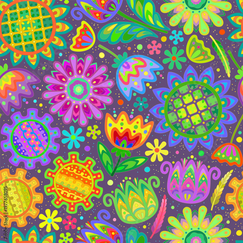 Seamless floral pattern with many bright unusual decorative flowers on dark background.