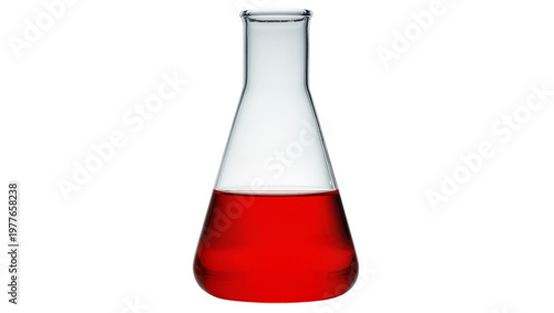 Tableau sur toile Clear glass Erlenmeyer flask containing red liquid, isolated on transparent back