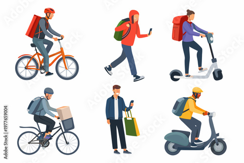 Diverse delivery personnel using various modes of transportation for quick service