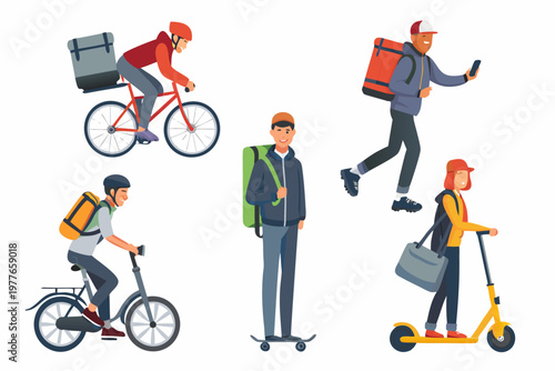 Diverse delivery people using various transportation methods in a modern city