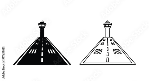 Airport control tower and runway illustration a striking black graphic silhouette