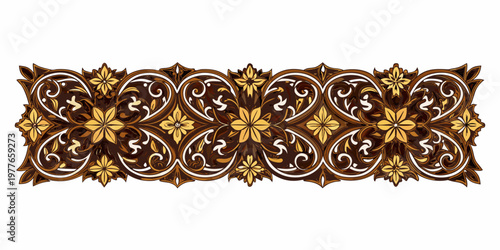 Intricate floral batik pattern with repeating symmetrical motifs in brown and gold
