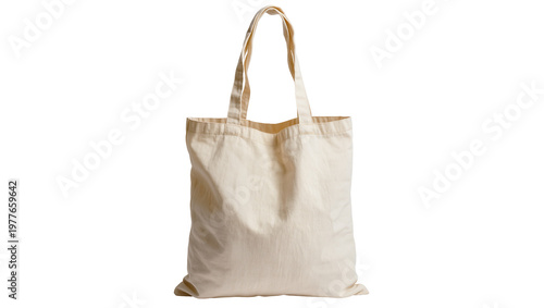 Photography Plain beige canvas tote bag with fabric handles, isolated on transparent backgro