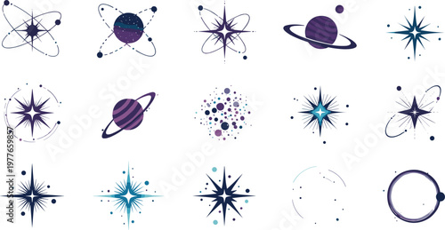Cosmic and Stellar Icon Set with Planets, Stars, Galaxies, and Nebulas for Space, Astronomy, and Science Fiction Themes