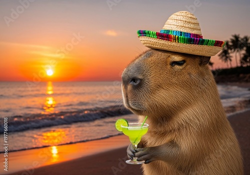 Capybara wearing sombrero and holding cocktail by the beach at sunset  