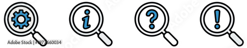 Searching, settings icon set featuring magnifier with gear, information, question and answer symbols, service support concept with exclamation, query, and info signs, modern flat vector