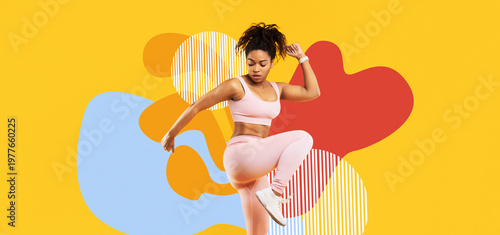Φωτογραφία A vibrant setting features a black lady in mid-jump