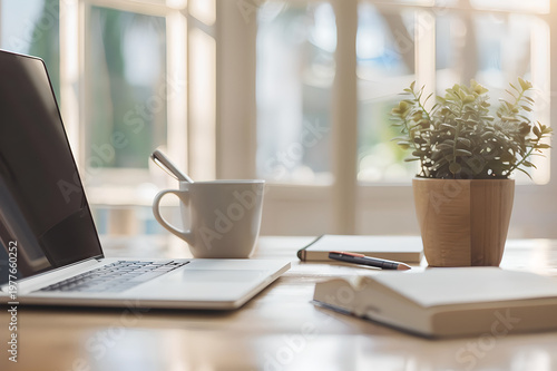 Minimal Workspace with Coffee Cup and Laptop in Natural Light Home Office