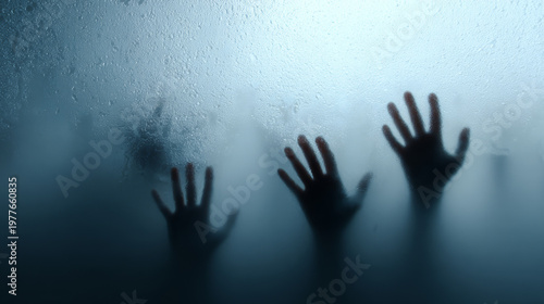 Foggy glass with zombie hands pounding from outside