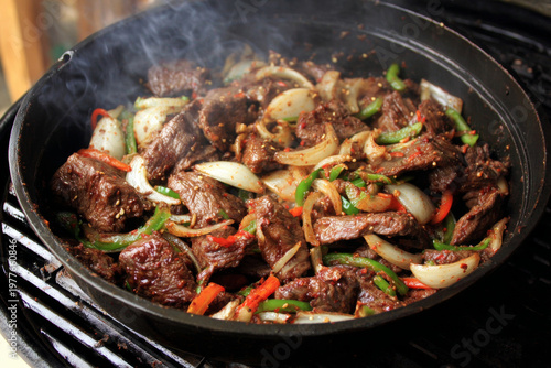 A colorful food photography spread of Korean national dishes including grilled meat, bibimbap, kimbap, tteokbokki, various sauces, and banchan like kimchi and jorim.