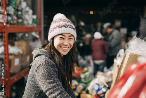Everyday people volunteering at a community packing station, preparing parcels for those in need, overseeing delivery logistics, warm warehouse light, genuine nonprofit atmosphere