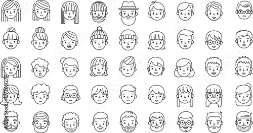 Kids avatar faces icons set with diverse children characters line art profile portraits vector illustration collection