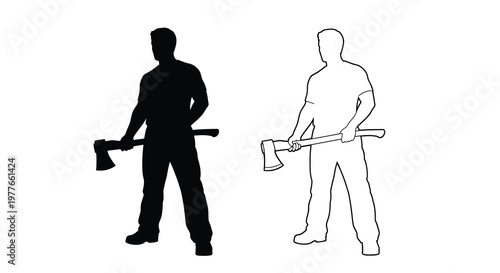 Two lumberjacks with axes are depicted in contrasting forms a silhouette