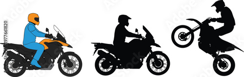 Motorcycle rider set with adventure bike silhouette and stunt wheelie dirt bike vector illustration collection