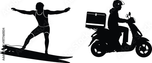 Surfing athlete and delivery scooter rider silhouettes set extreme sport and courier vector illustration collection