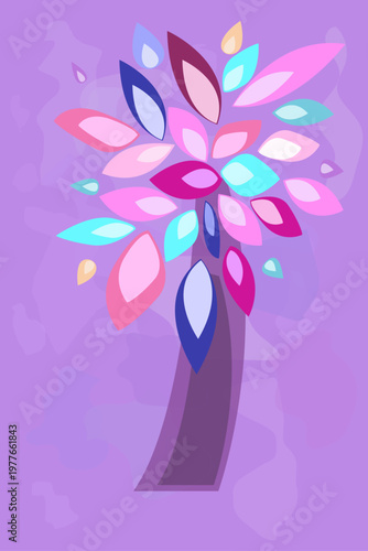 Decorative creative drawing of a tree and leaves in a colored style, on a purple background painted with watercolor style. The cover of the notebook design, covers.