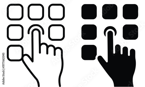 Finger, click keypad icon set featuring PIN, code, password, pattern, autofill, swipe, fingerprint, lock, unlock, and passkey symbols, authentication and security concept, modern flat vector