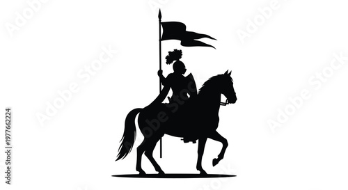 A regal knight atop a horse with a fluttering banner a striking silhouette