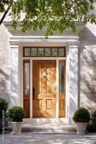 Welcoming front door in maple finish with transom and sidelights on a modernized DC exterior