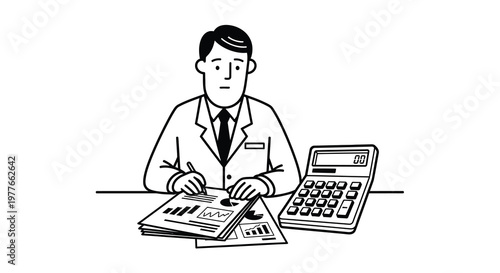A businessman reviews data and performs calculations a striking black silhouette