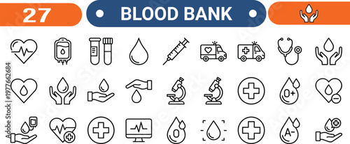 Blood bank icon set with medical and donation symbols