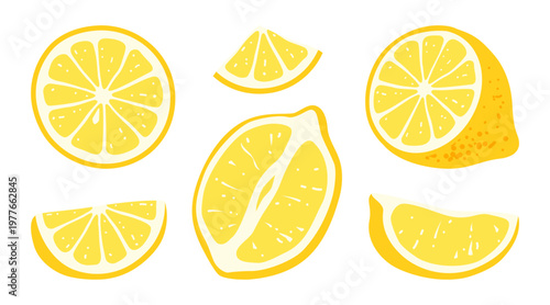 Yellow lemon halves and slices sett isolated on transparent background. Fresh citrus fruit. Ingredient for making lemonade. Vitamin C healthy food. Hand drawn vibrant illustration in flat style